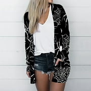 Pxkloy Halloween Cardigan Sweater,Women's Lightweight Cardigan Casual Soft Long Sleeve Print Knit Cardigans with Pockets Comfy Draped Duster Thin Outwear Jacket Tops 2024 Black,XXL